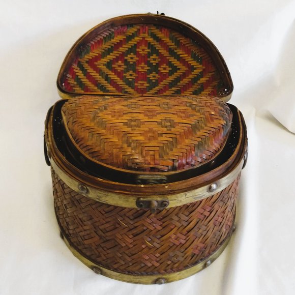 2 Bombay Company Nesting Half Moon Wicker Chests-Brushed Brass Trim - Picture 2 of 16